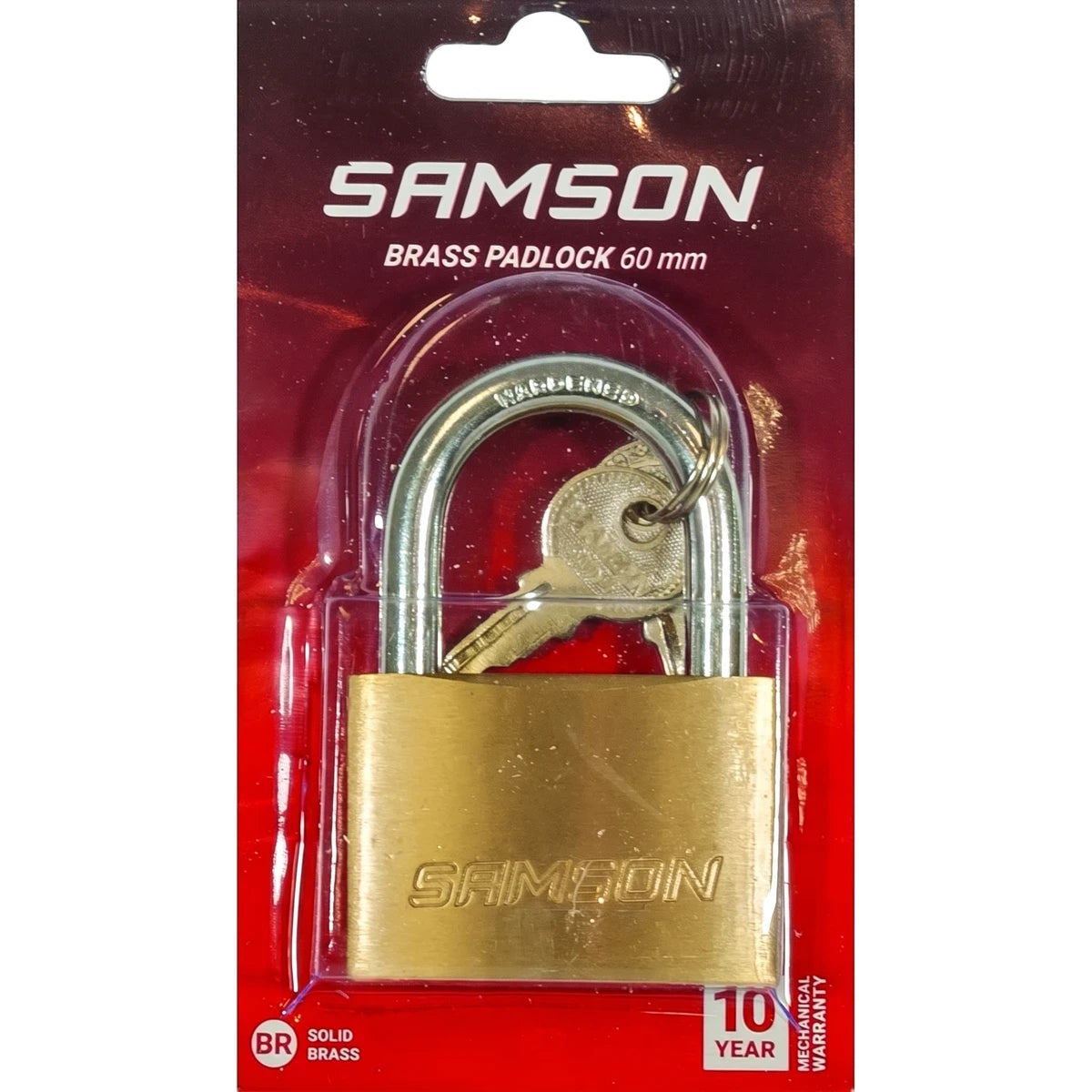 Samson 60mm weatherproof brass padlock with two keys, displayed in clear blister packaging on a red card backing, offering