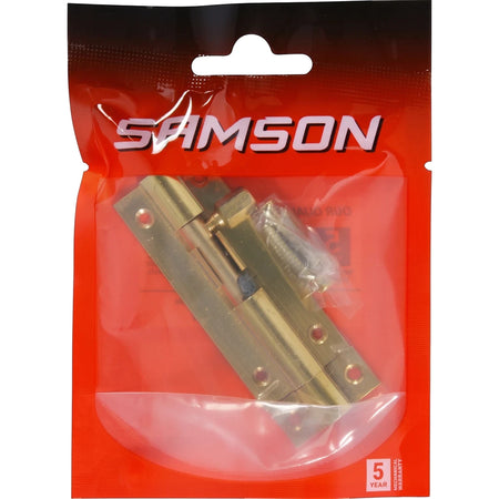 Samson 63mm brass straight bolt lock in clear and red retail packaging, displaying the bolt and screws inside.