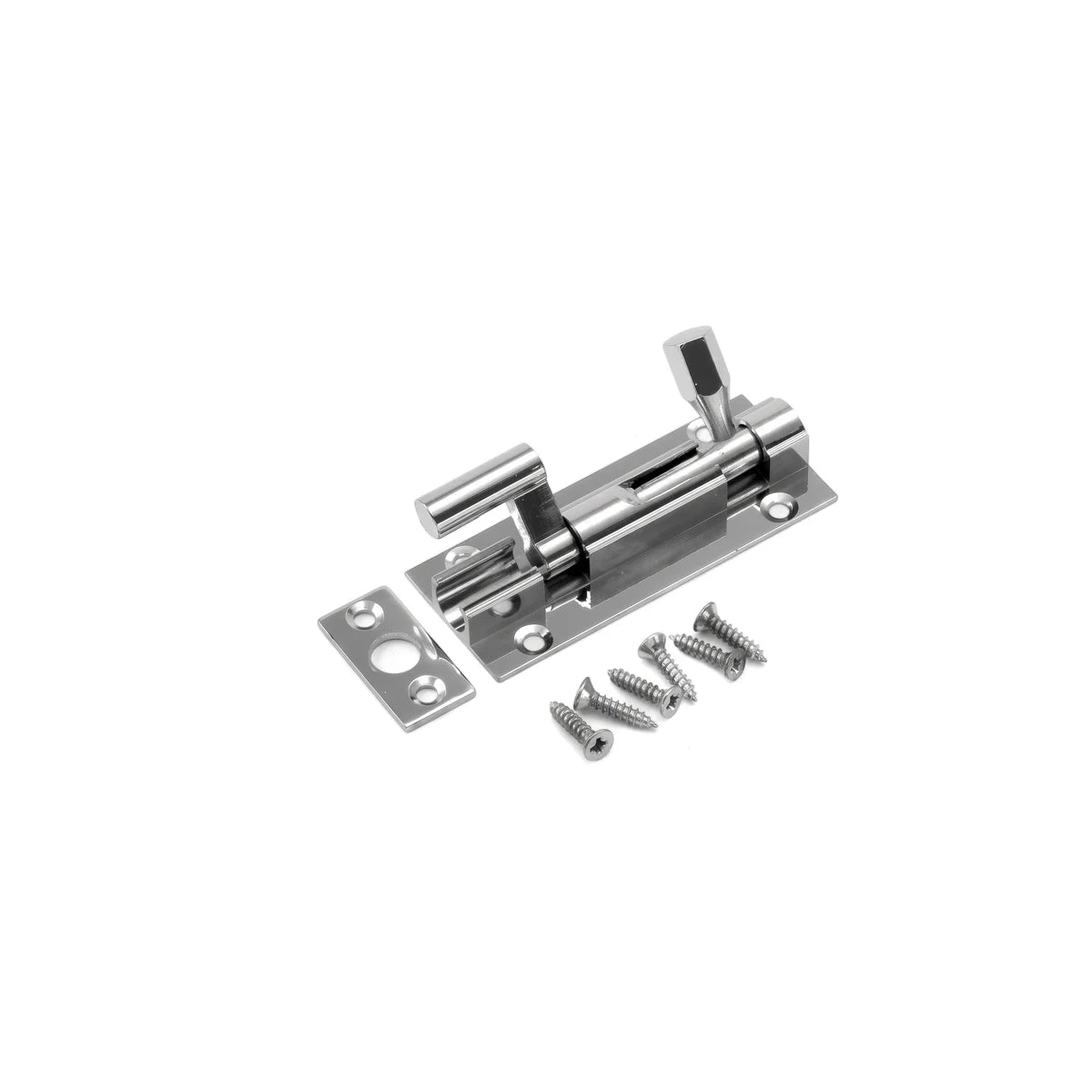 Samson 63mm chrome barrel bolt lock set with five screws and strike plate, shown at an angle.