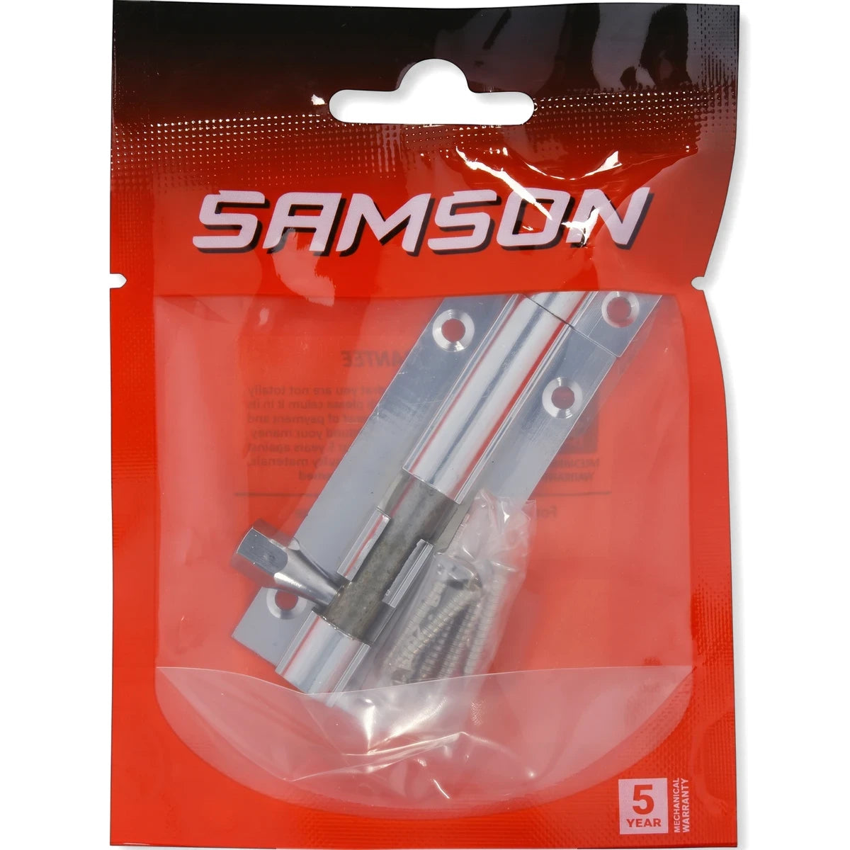 Samson 63mm straight bolt lock with chrome finish, packaged with screws in a red and clear plastic bag.