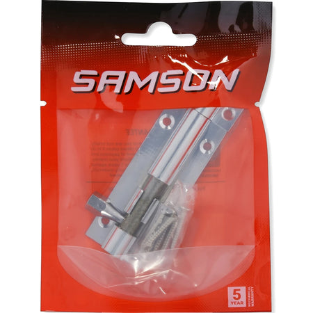 Samson 63mm straight bolt lock with chrome finish, packaged with screws in a red and clear plastic bag.