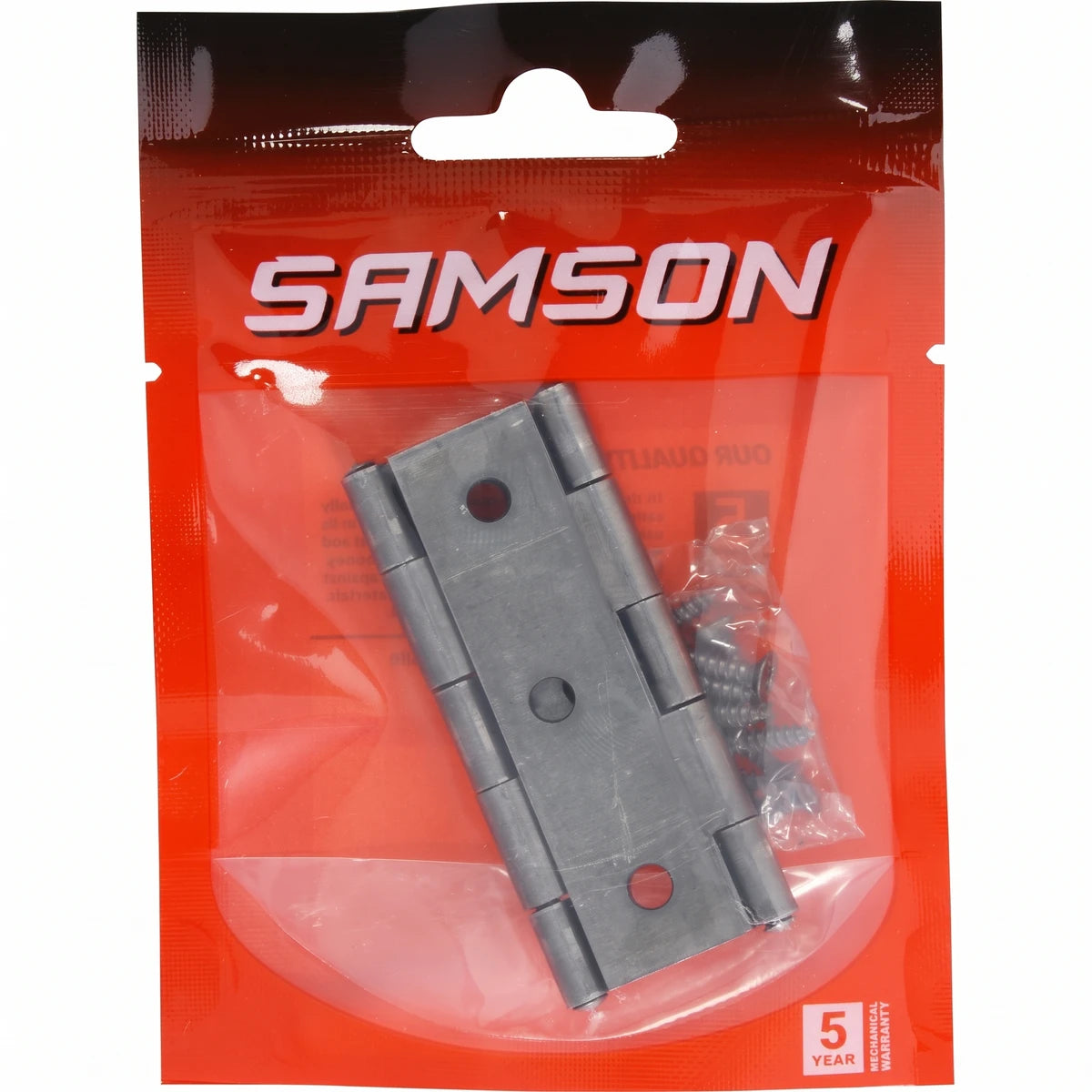 Samson 65mm steel butt hinges in original red and clear plastic packaging with screws, displayed against a white background.