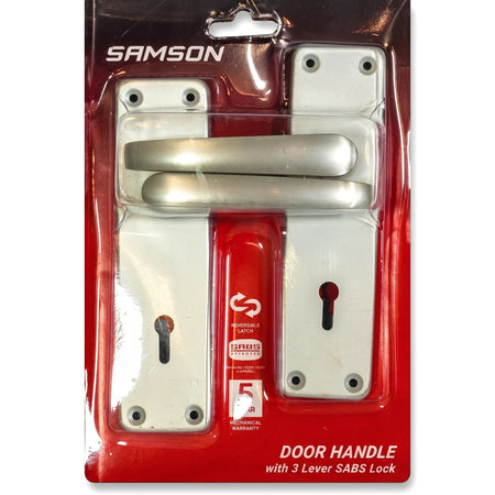Samson 6 inch door handle set with 3 lever SABS lock, silver handles and white plates, sealed in clear blister packaging.