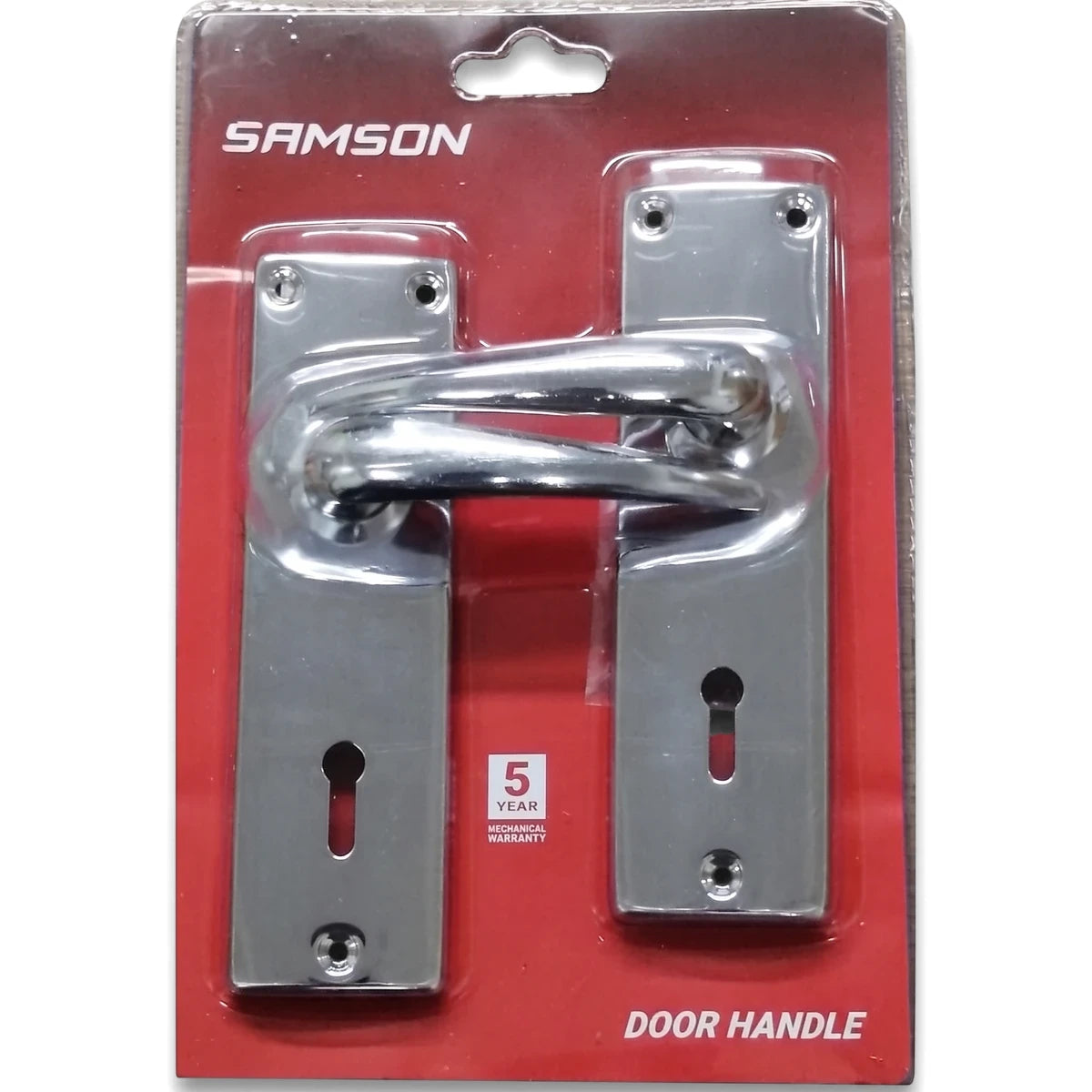 Samson 6-inch standard chrome-plated door handle key set with mechanical warranty, packaged for retail display.