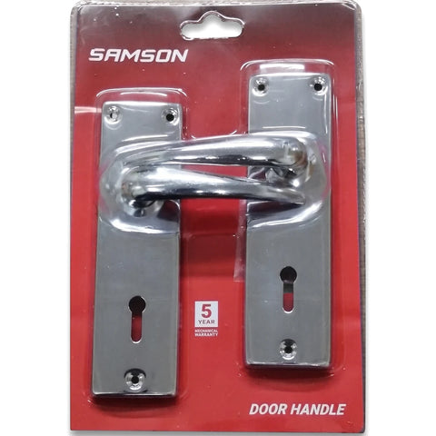 Samson 6-inch standard chrome-plated door handle key set with mechanical warranty, packaged for retail display.