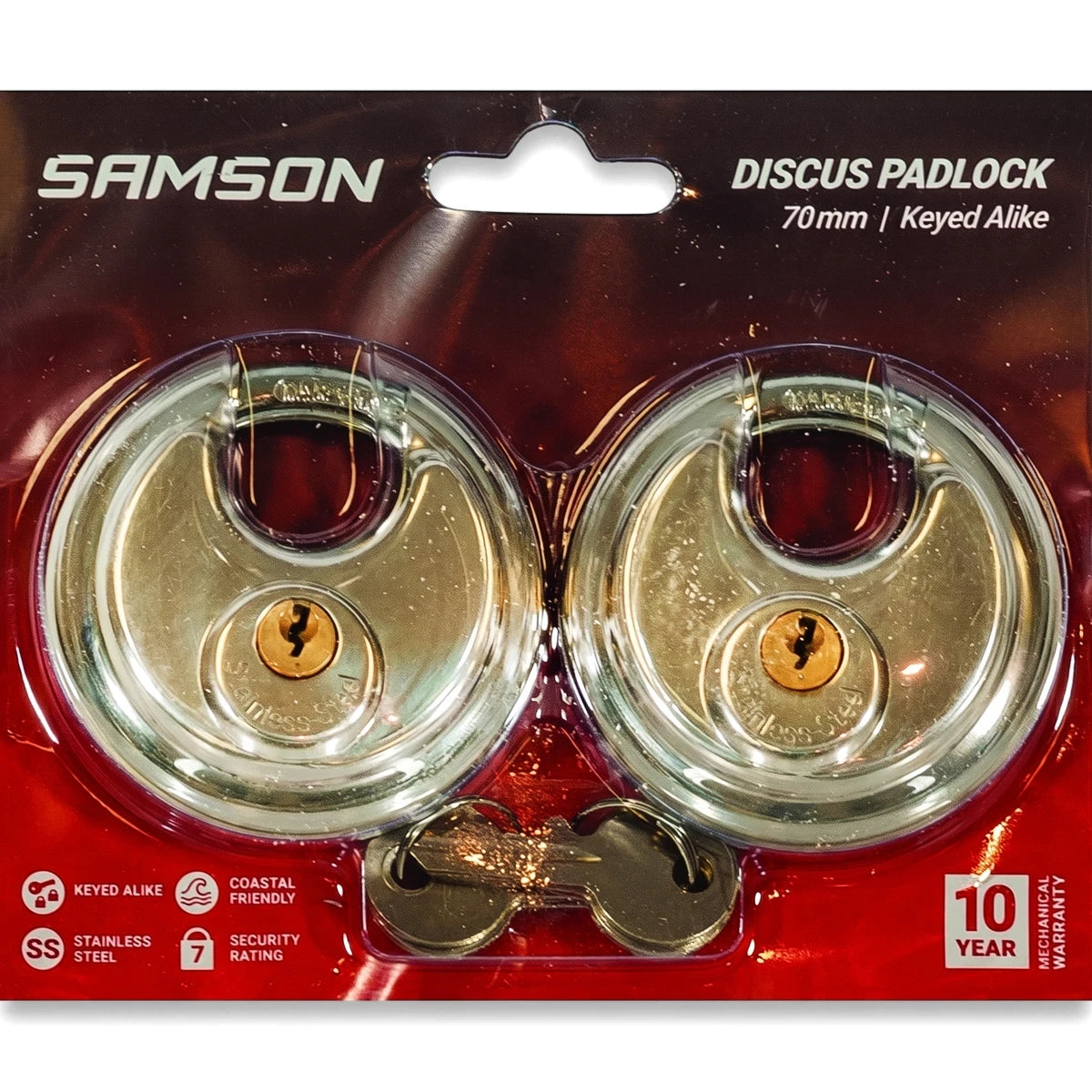 Two Samson 70mm stainless steel discus padlocks, keyed alike, displayed in clear blister packaging with keys.