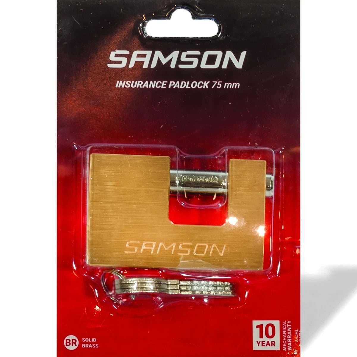 Samson 75mm brass insurance padlock with keys, presented in its red retail packaging, front view.