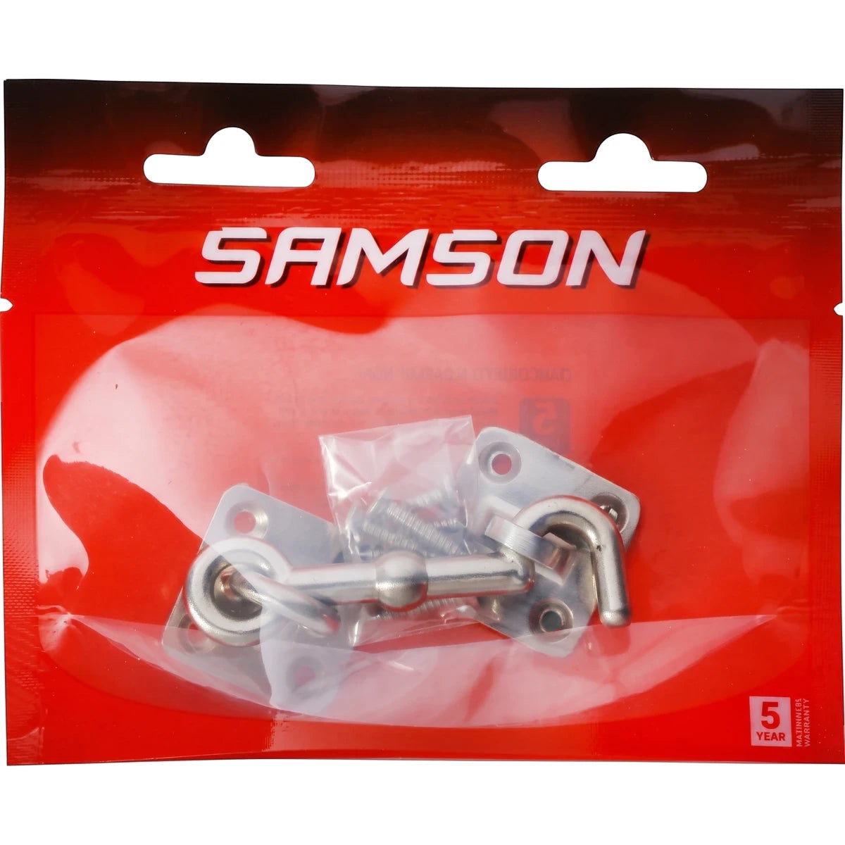 Samson 75mm silver metal cabin hook and eye latch with mounting screws, packaged in a clear and red retail pouch.