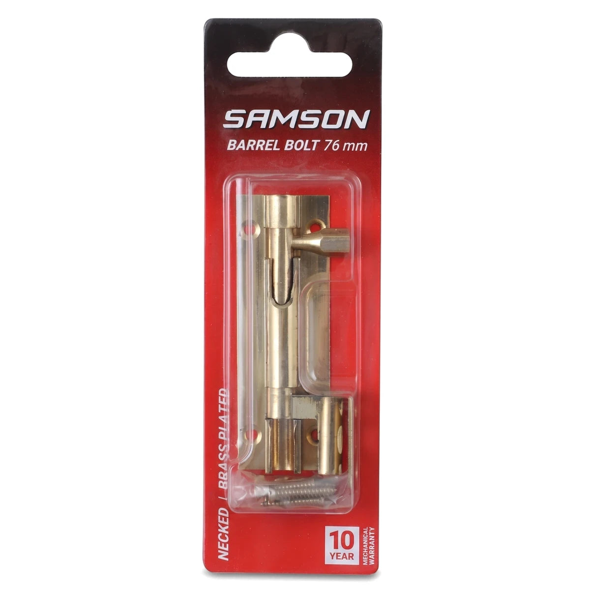 Samson 76mm brass-plated necked barrel bolt lock in red blister packaging with screws for doors and gates