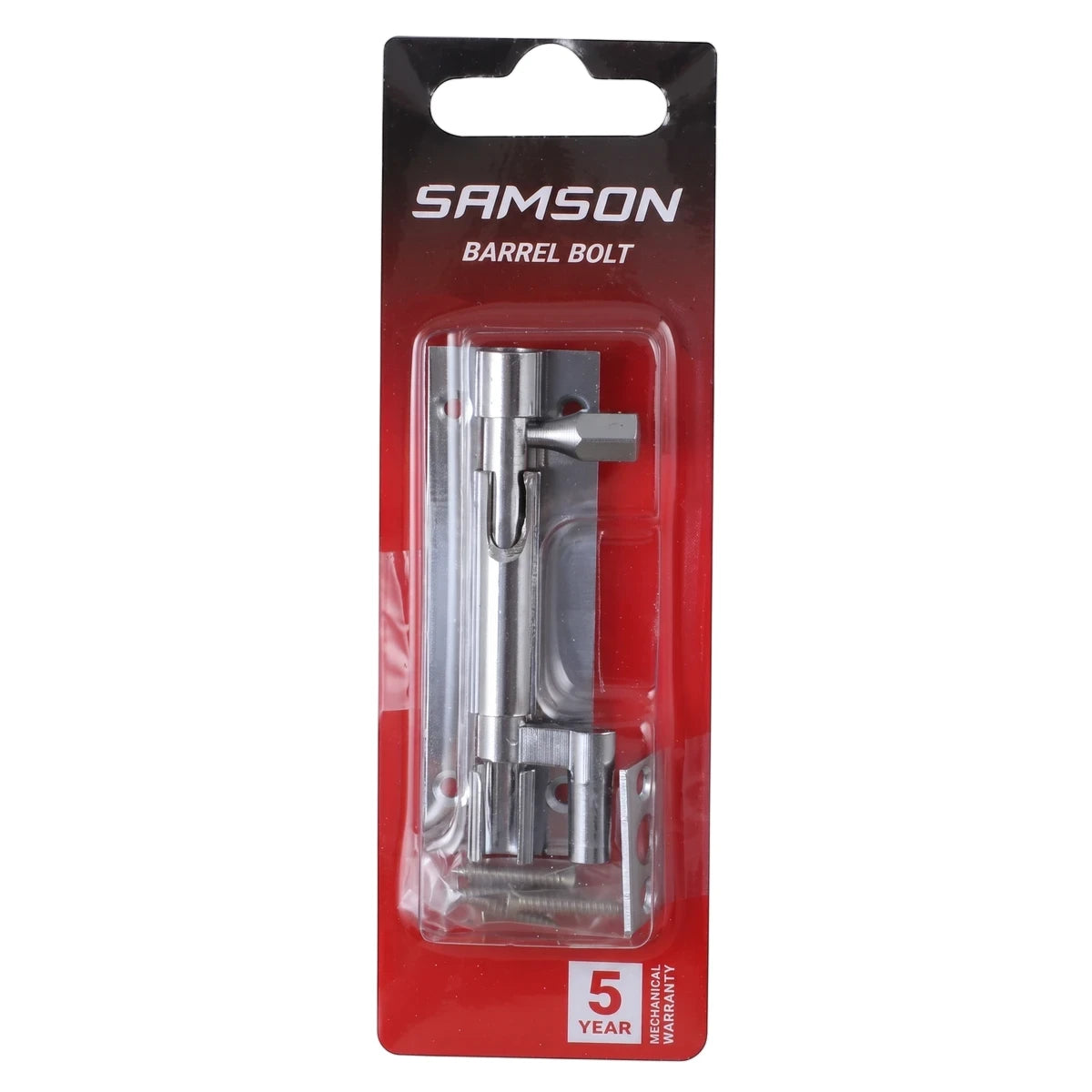 Samson 76mm chrome plated necked barrel bolt lock in retail packaging with a 5-year warranty.