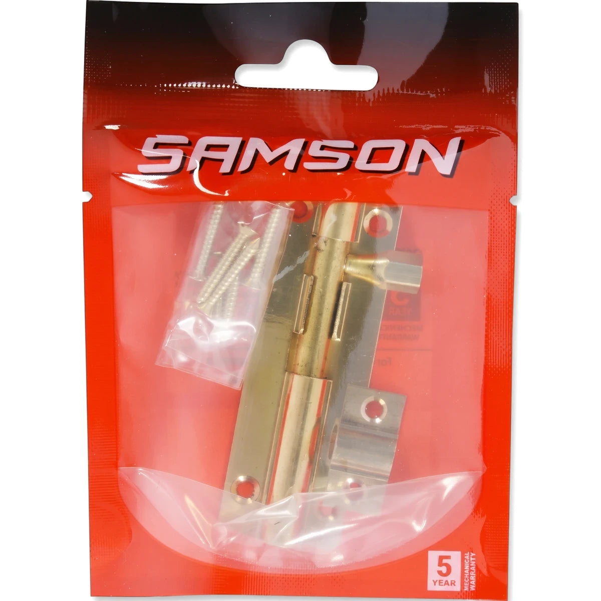 Samson 76mm straight brass barrel bolt in clear plastic and red retail packaging with mounting screws, shown vertically.
