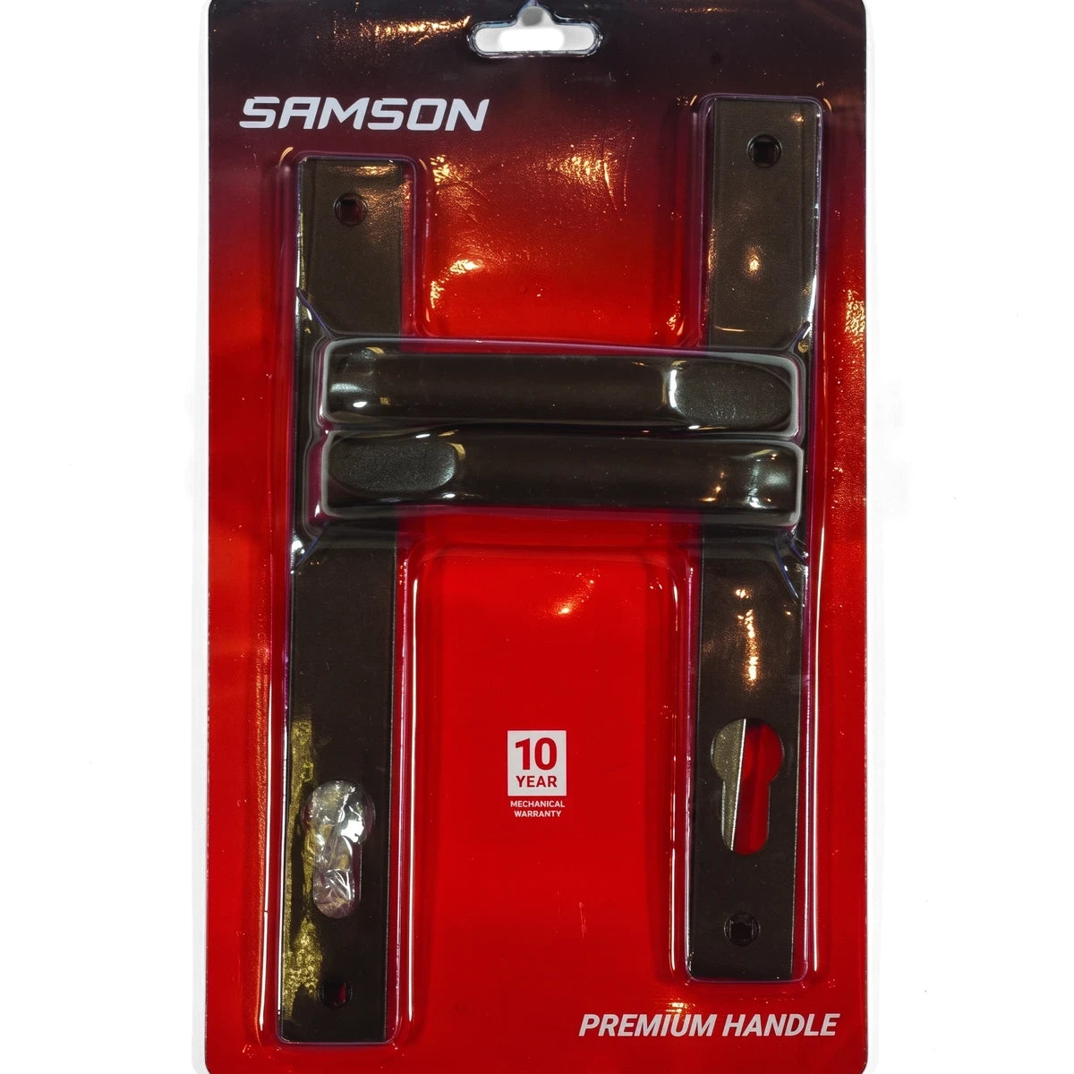 Samson 8-inch cylindrical door handle set in a dark bronze finish, displayed in clear blister packaging, featuring a 10-year