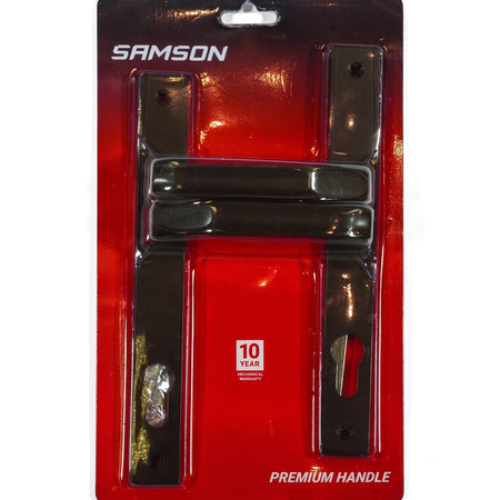 Samson 8-inch cylindrical door handle set in a dark bronze finish, displayed in clear blister packaging, featuring a 10-year