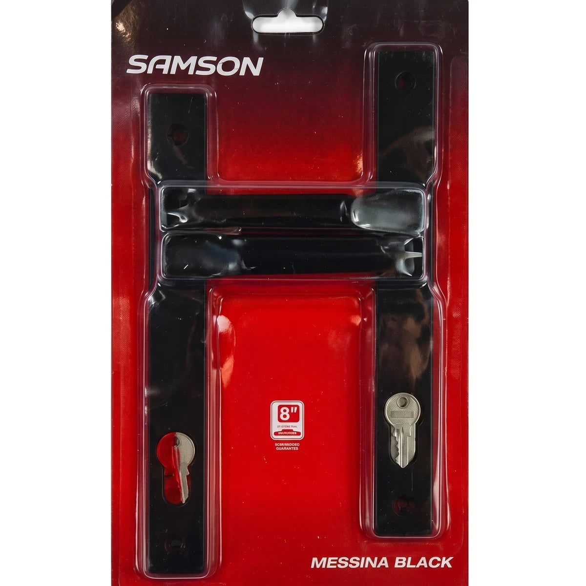 Samson 8 inch Messina black cylinder handle set in clear blister packaging on a red card, featuring two keyholes.