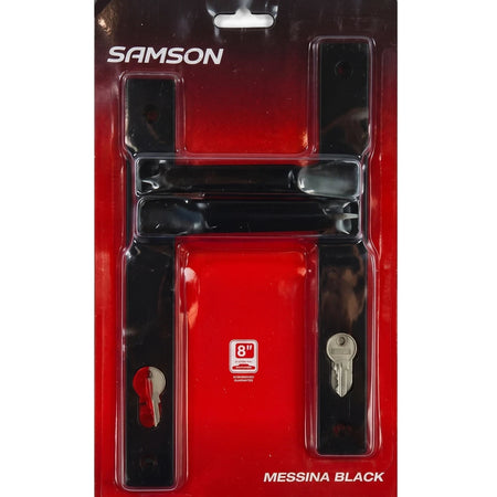 Samson 8 inch Messina black cylinder handle set in clear blister packaging on a red card, featuring two keyholes.