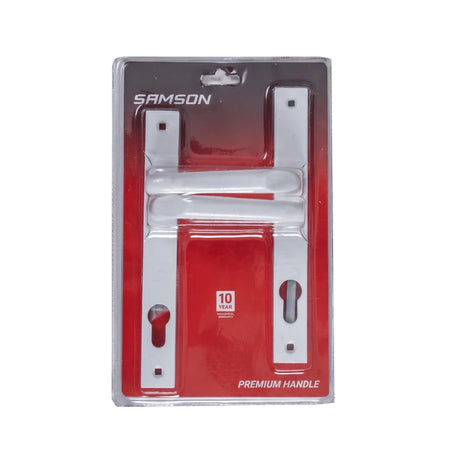 Samson 8-inch Messina white door handle set for locks and latches, packaged in clear plastic on a red backing.