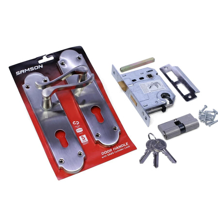 Samson 8 inch satin nickel door lock set with lever handles, matching lock mechanism, cylinder, keys, and screws displayed.