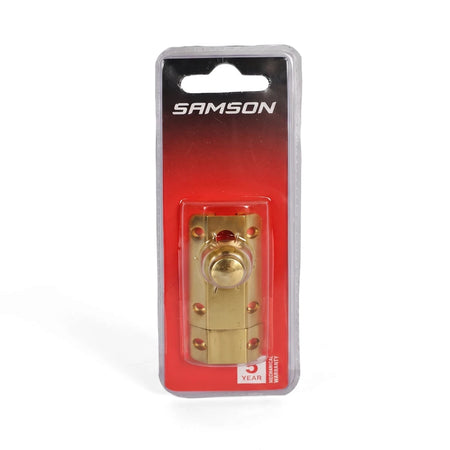 Samson Auto 50mm brass bolt lock in clear plastic blister packaging with red and black card backing for locks and latches.