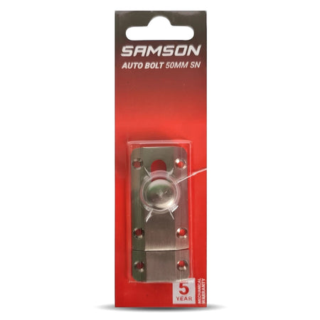 Samson Auto Bolt 50mm SN lock, packaged in a clear blister on a red and black card, showing the metal latch mechanism.