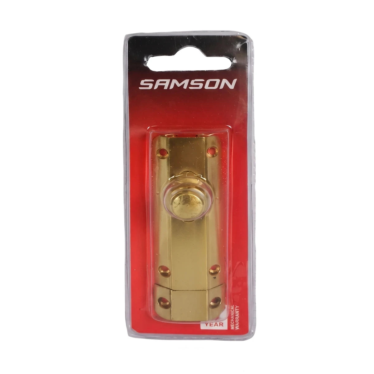 Samson Auto Bolt 75mm in brass finish, presented in a retail blister package for locks and latches.