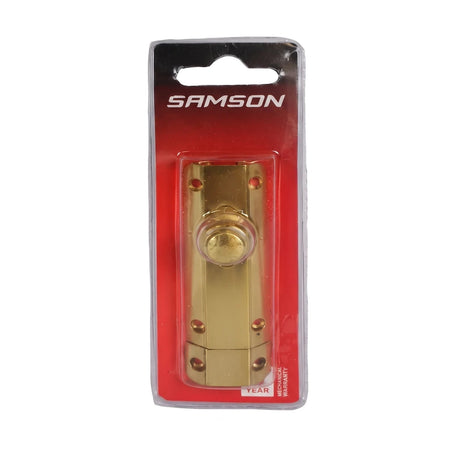 Samson Auto Bolt 75mm in brass finish, presented in a retail blister package for locks and latches.