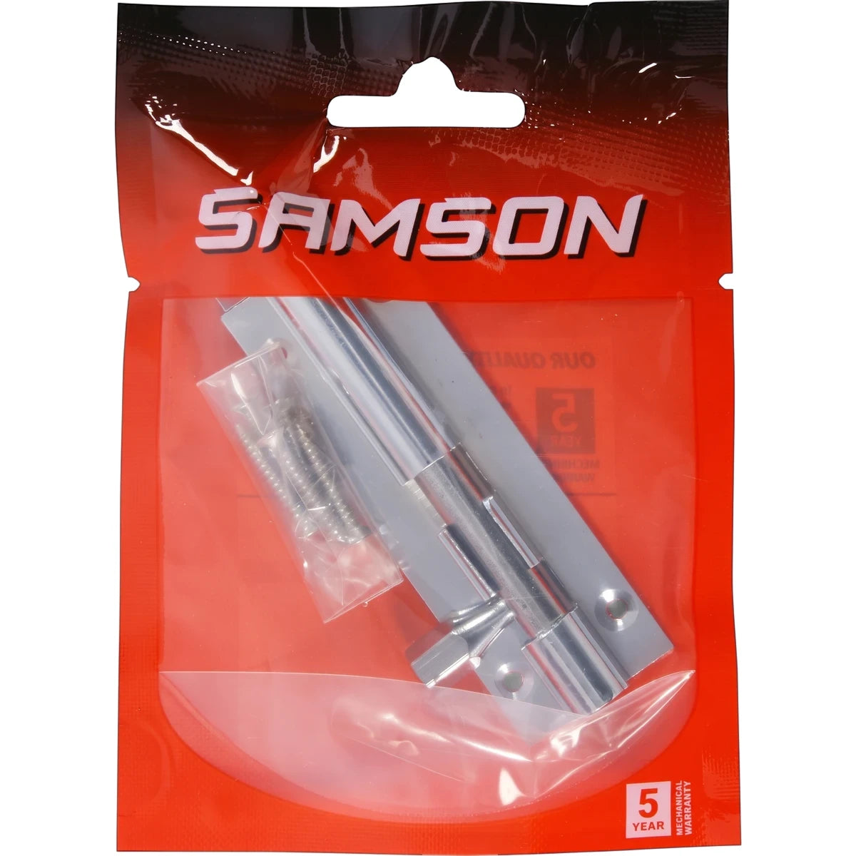 Samson B/Bolt Brass Str 76mm Cp Locks & Latches packaged in red and clear plastic with visible screws, displayed vertically.