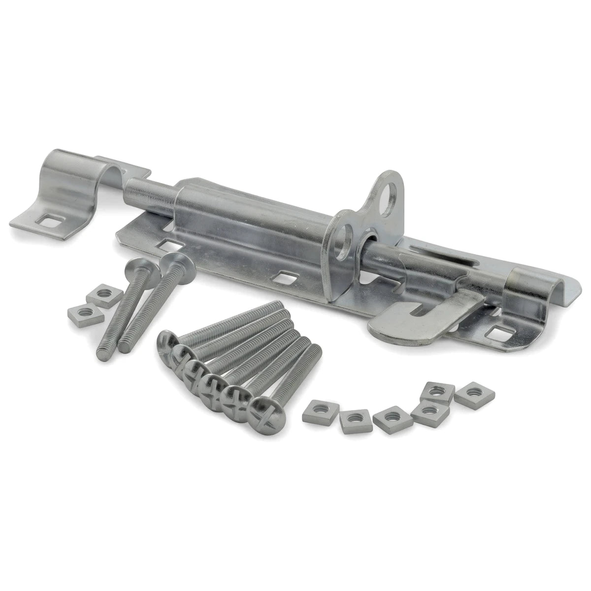 Samson B/Bolt 150mm galvanized steel barrel bolt lock kit, including mounting screws and square nuts, displayed angled.