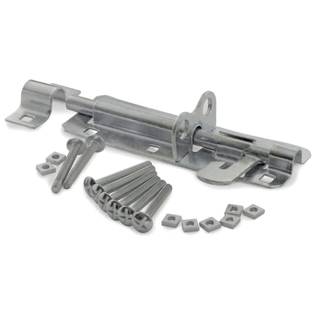 Samson B/Bolt 150mm galvanized steel barrel bolt lock kit, including mounting screws and square nuts, displayed angled.