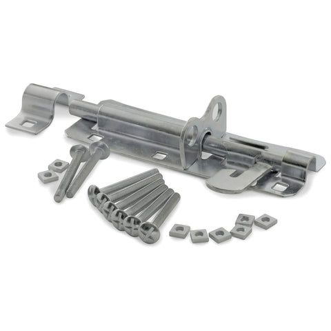 Samson B/Bolt 150mm galvanized steel barrel bolt lock kit, including mounting screws and square nuts, displayed angled.