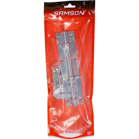 Samson B/Bolt Steel 200mm Zp Bolts in clear and red plastic retail packaging, showing two galvanized metal barrel bolts and
