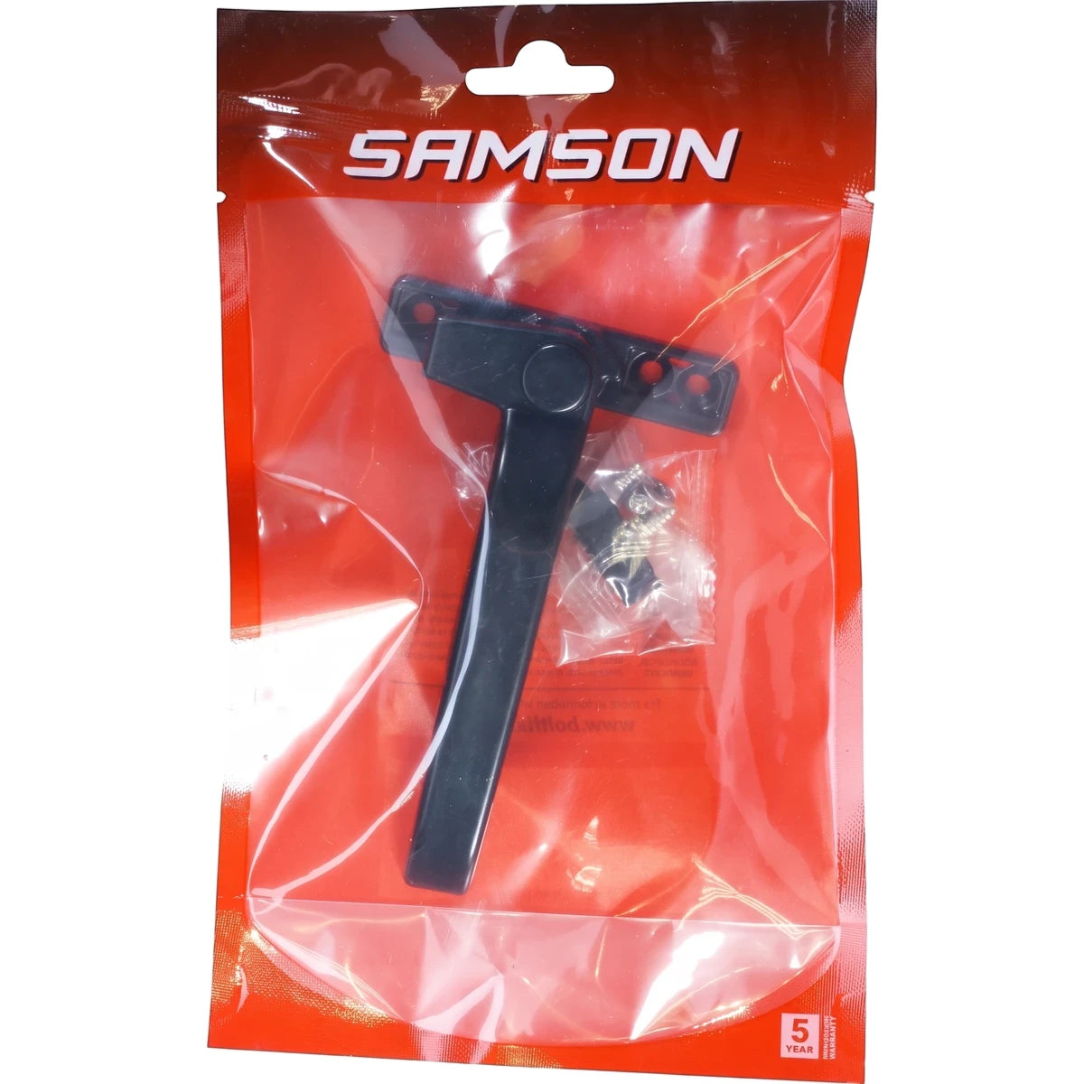 Samson black right-hand Euroline aluminum window handle packaged with mounting screws.