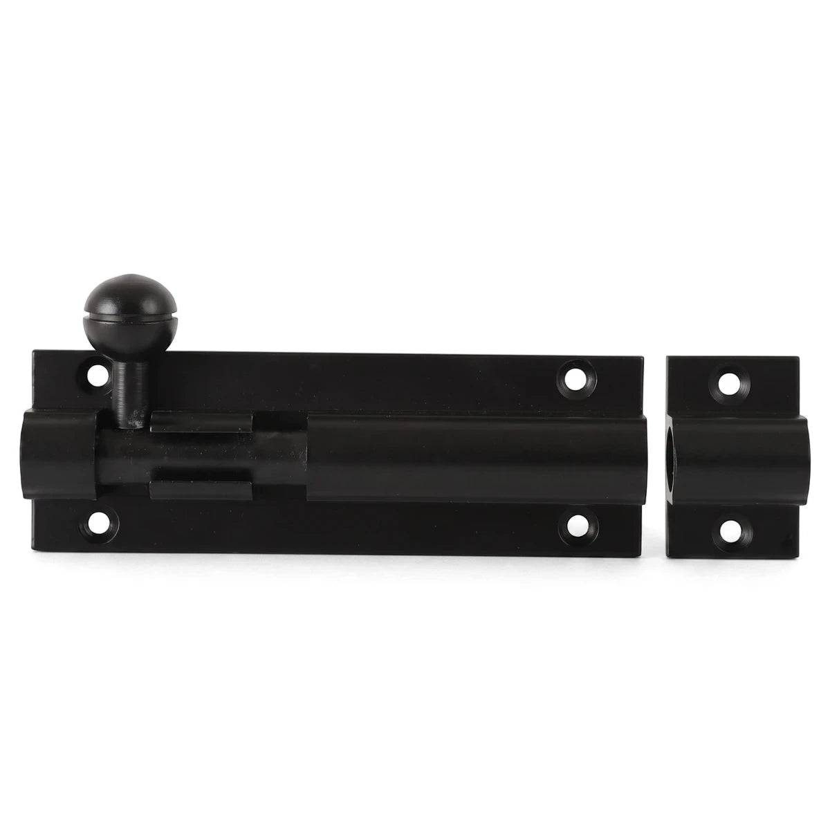 Black heavy-duty Samson barrel bolt, 100mm, made of strong metal for secure locking, shown horizontally on a white