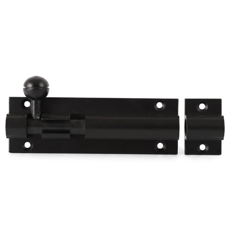 Black heavy-duty Samson barrel bolt, 100mm, made of strong metal for secure locking, shown horizontally on a white