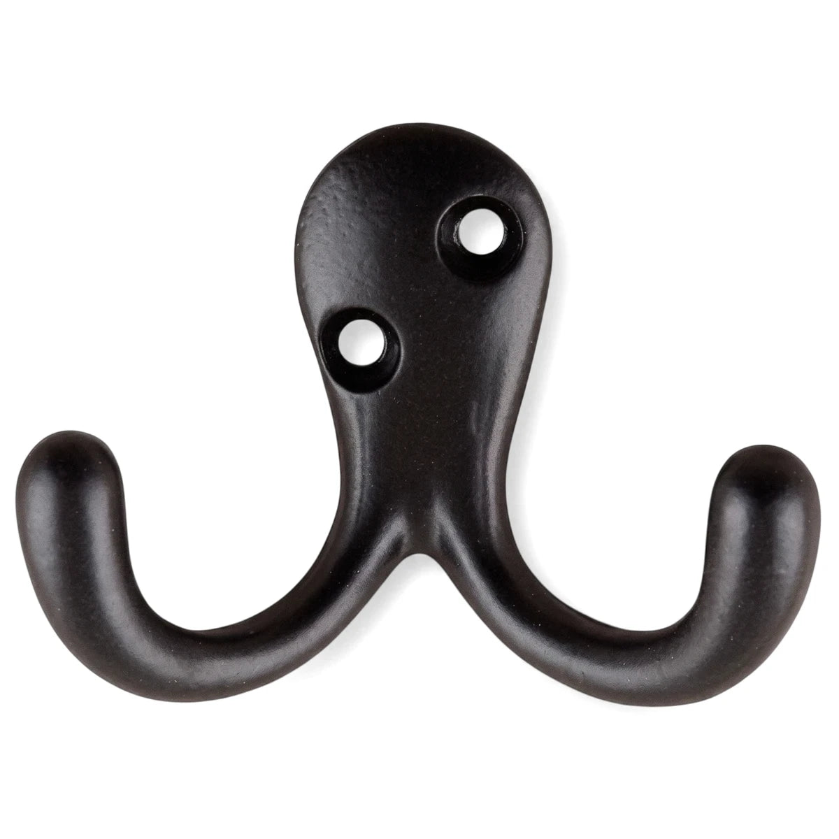 Black Samson double robe hook, made of metal, featuring two hooks and two screw holes for wall mounting.