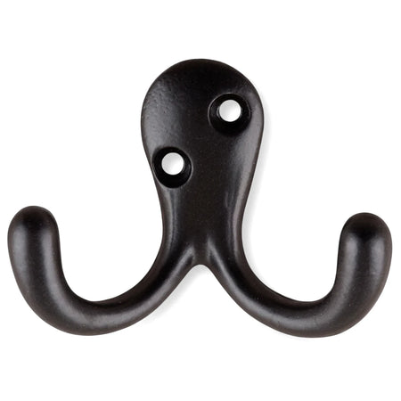 Black Samson double robe hook, made of metal, featuring two hooks and two screw holes for wall mounting.