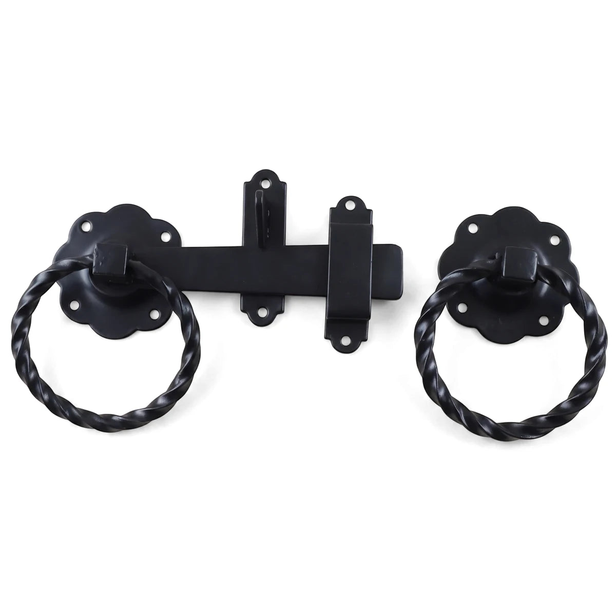 A black Samson gate latch made of metal, featuring two twisted ring handles and a secure locking mechanism for gates.