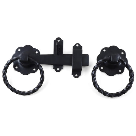A black Samson gate latch made of metal, featuring two twisted ring handles and a secure locking mechanism for gates.