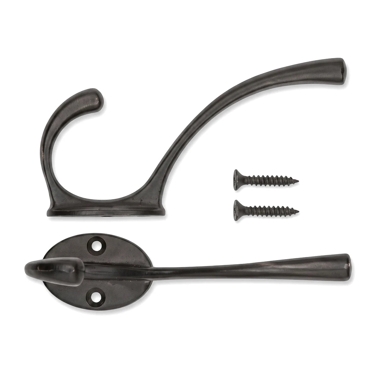 Two black metal Samson hat and coat hooks are displayed with two matching screws, ready for wall mounting.
