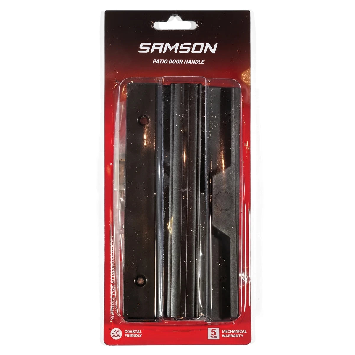 Black Samson patio door handle kit in retail packaging, designed for locks and latches, with a 5-year warranty.