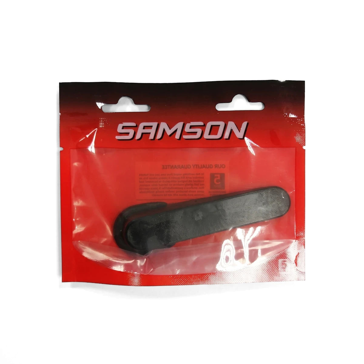 Black rubber wedge door stopper by Samson, packaged in clear and red plastic, designed to secure doors in place.