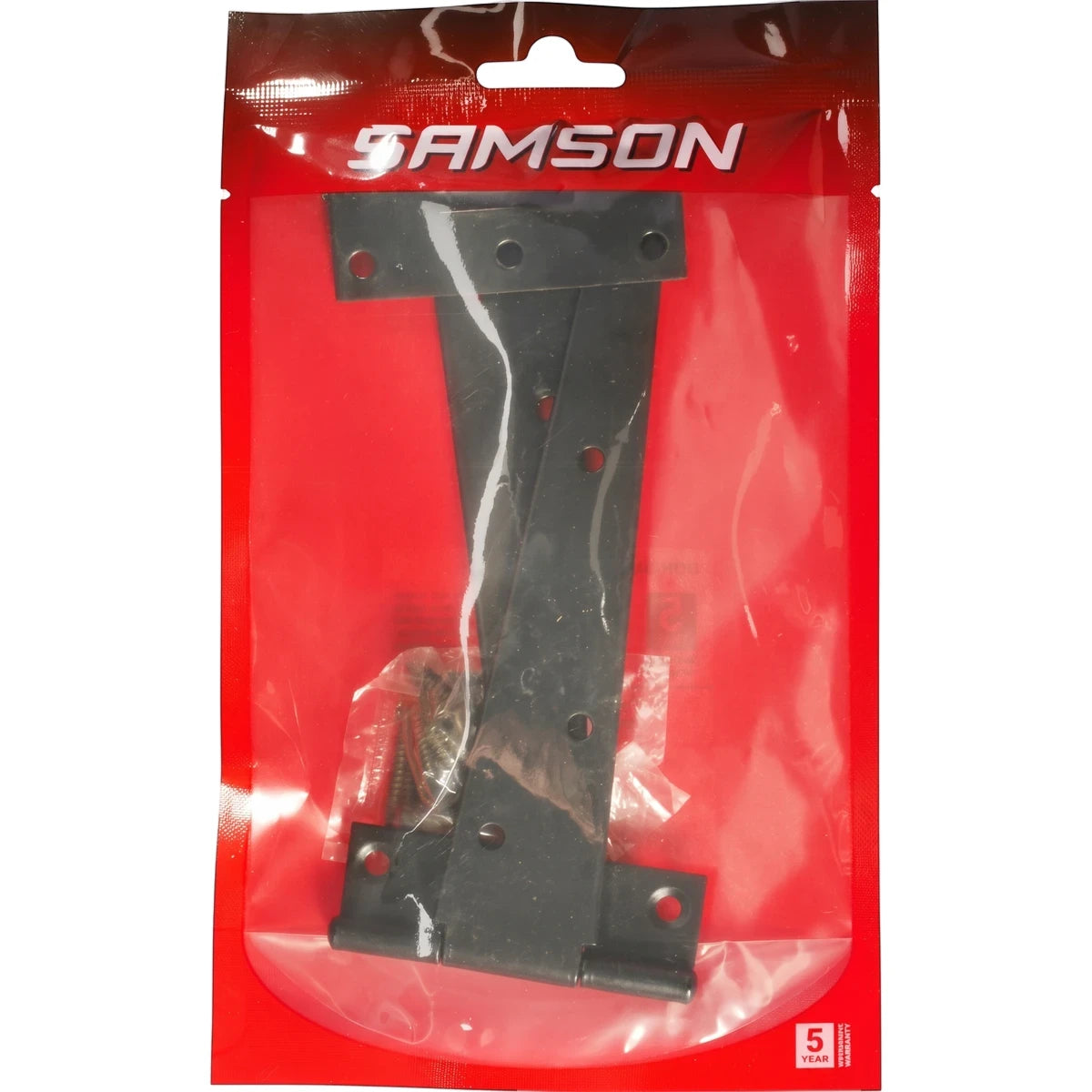 Samson black steel 150mm tee hinges in clear and red plastic packaging with screws for gates.