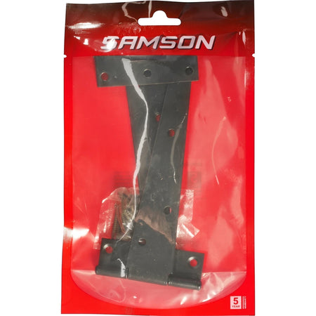 Samson black steel 150mm tee hinges in clear and red plastic packaging with screws for gates.