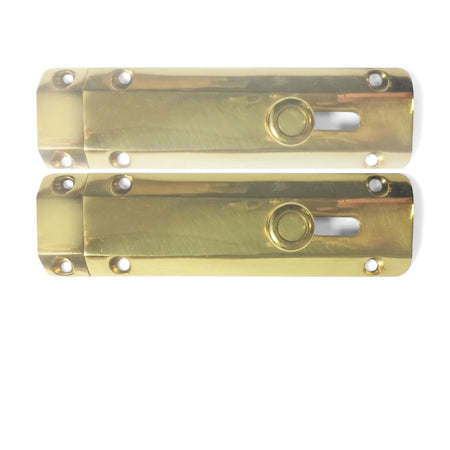 A rectangular brass Samson Auto 100mm bolt for locks and latches, featuring a sliding mechanism and six screw holes.