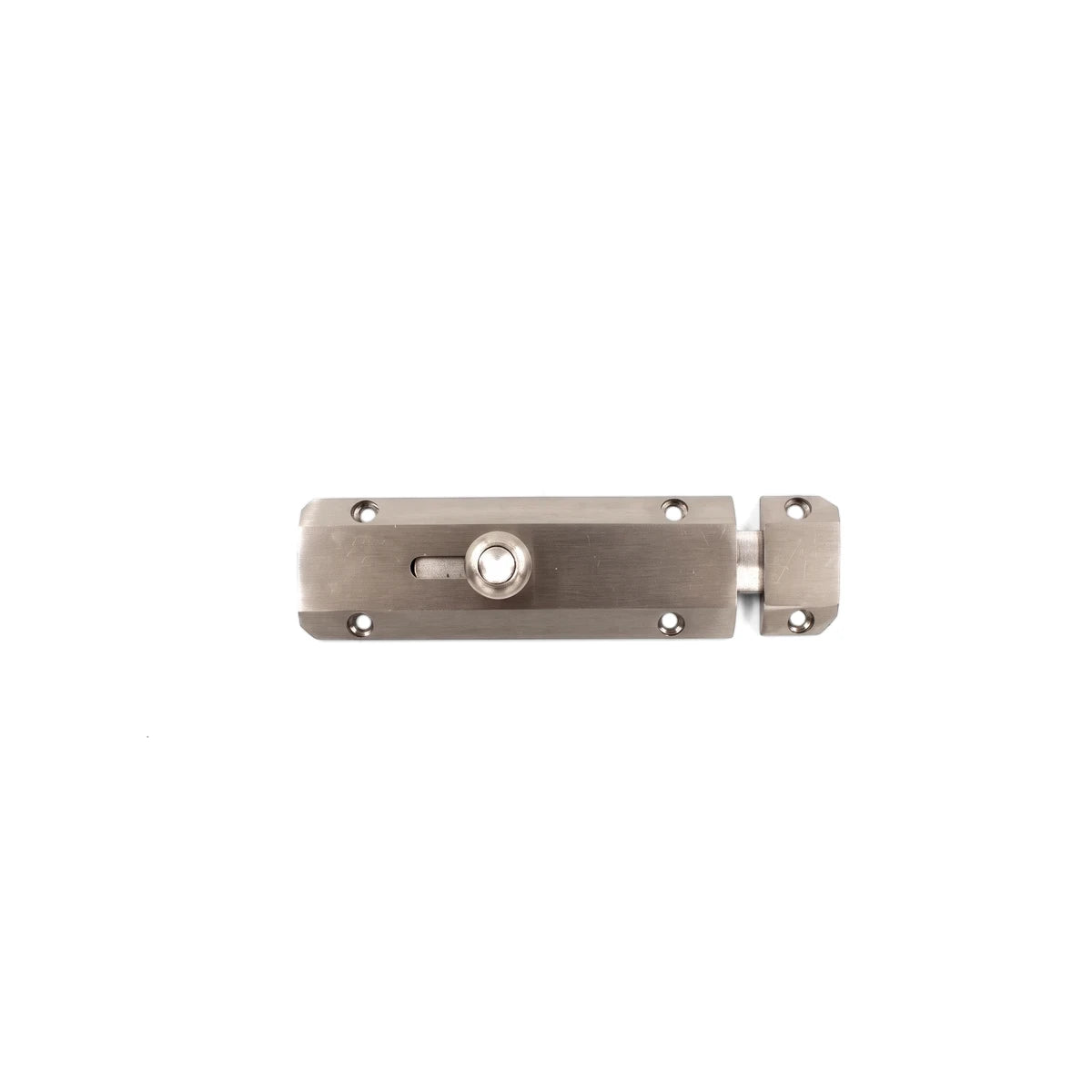 Samson Bolt Auto 100mm Sn lock, a brushed silver metal slide bolt latch for doors or gates.