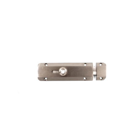 Samson Bolt Auto 100mm Sn lock, a brushed silver metal slide bolt latch for doors or gates.