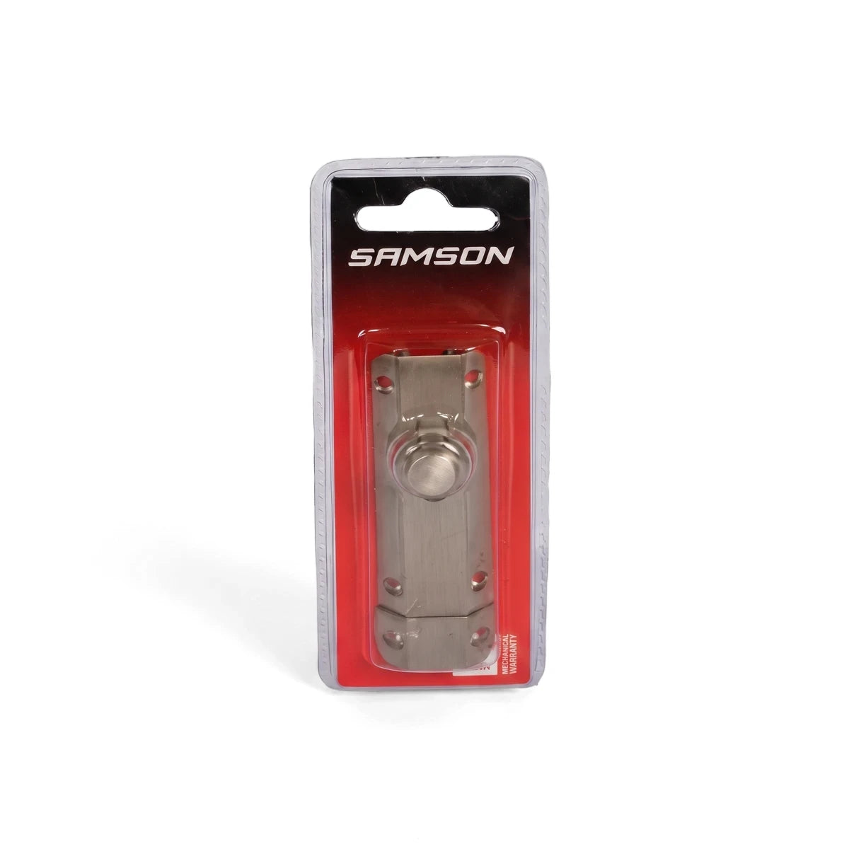 Samson Bolt Auto 75mm Sn lock with a silver-tone metal finish, encased in clear plastic packaging with a red card backing,