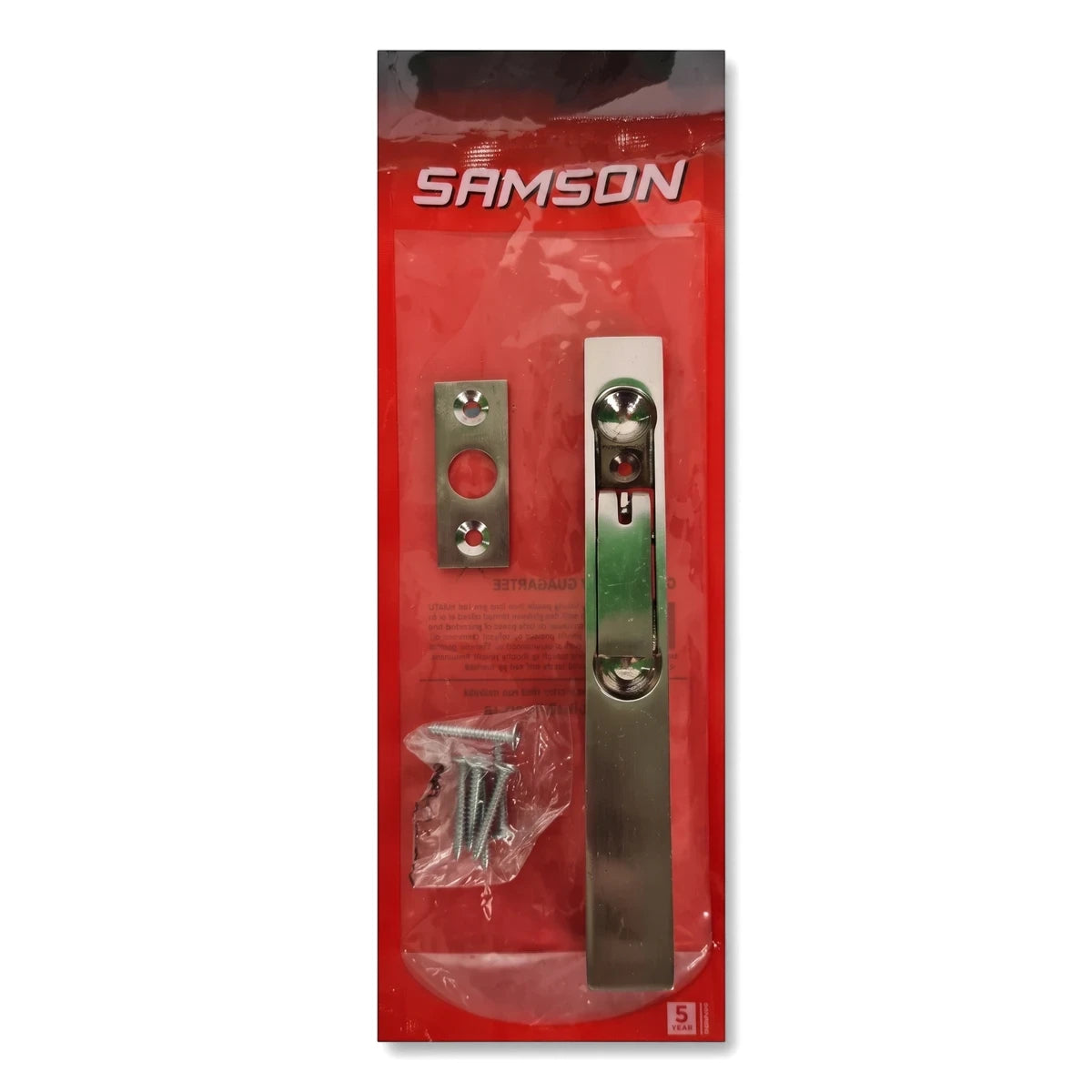 Samson Bolt Flush Brass 150mm Bp Lockset in red plastic packaging, displaying silver-toned metal hardware and screws.