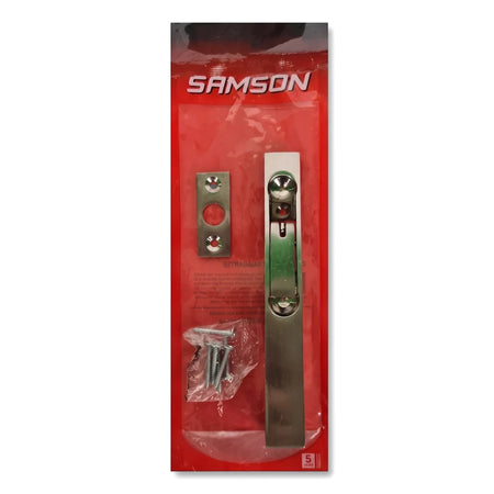 Samson Bolt Flush Brass 150mm Bp Lockset in red plastic packaging, displaying silver-toned metal hardware and screws.
