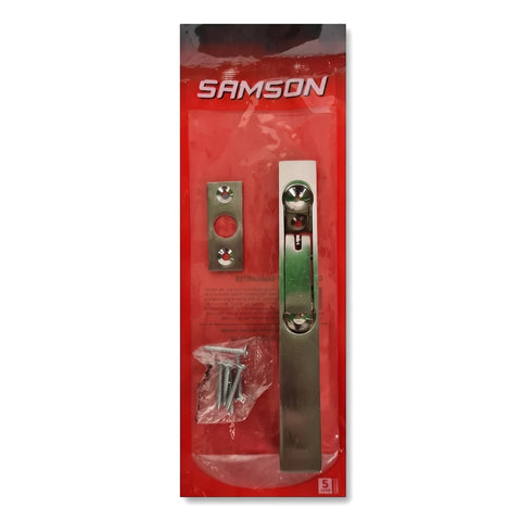 Samson Bolt Flush Brass 150mm Bp Lockset in red plastic packaging, displaying silver-toned metal hardware and screws.