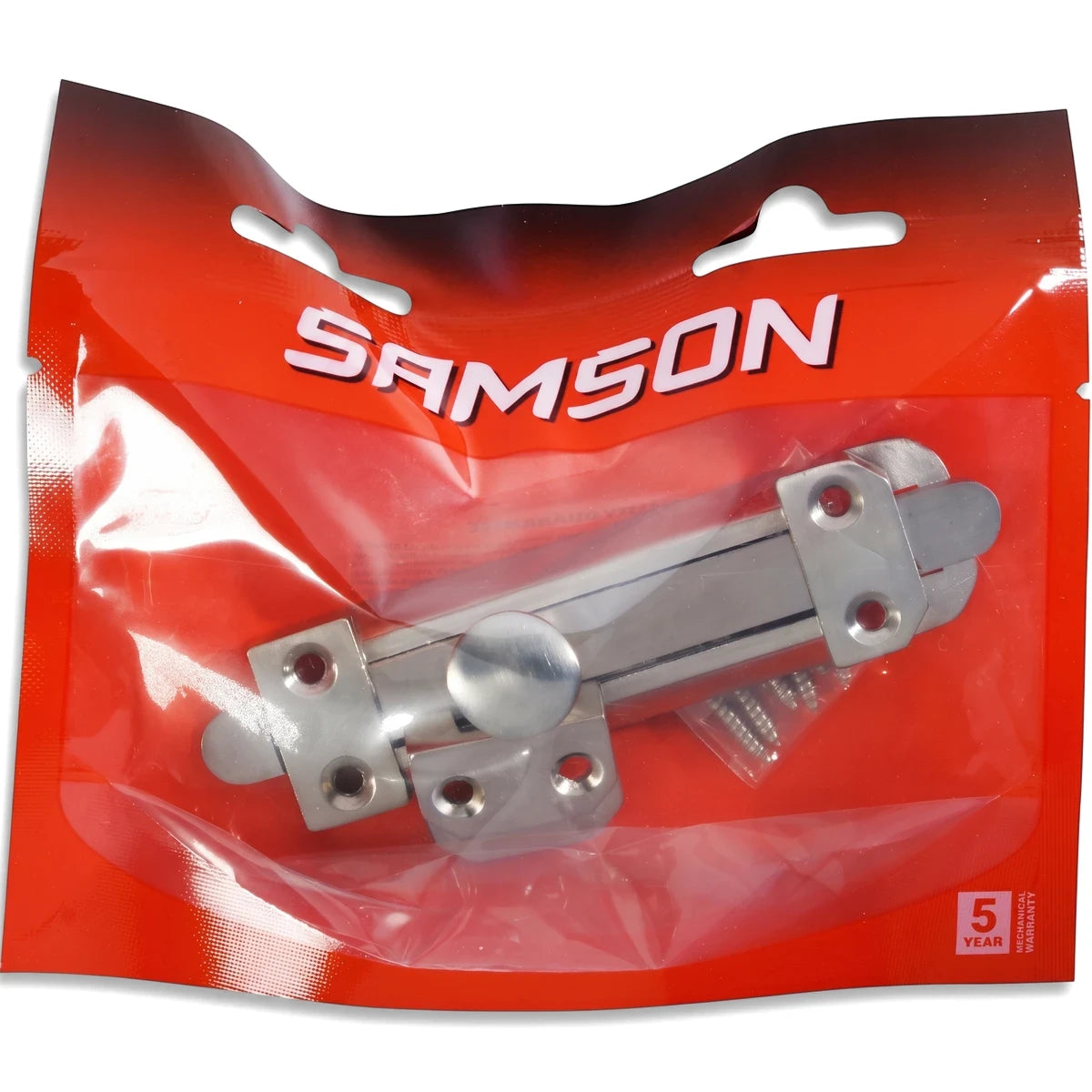 Samson Bolt Security 100mm Sn bolt, silver, packaged in a clear plastic bag with a red branded header.